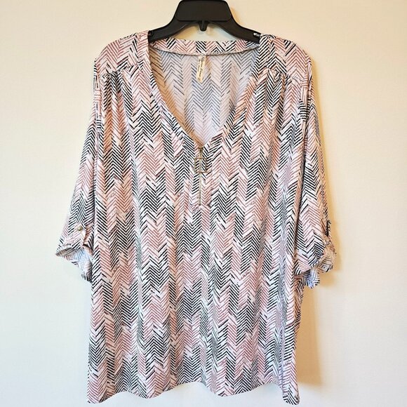 Perception Womens 3X Lightweight Chevron Print Blouse 3/4 Sleeves 1/4 zip vneck - Picture 1 of 6